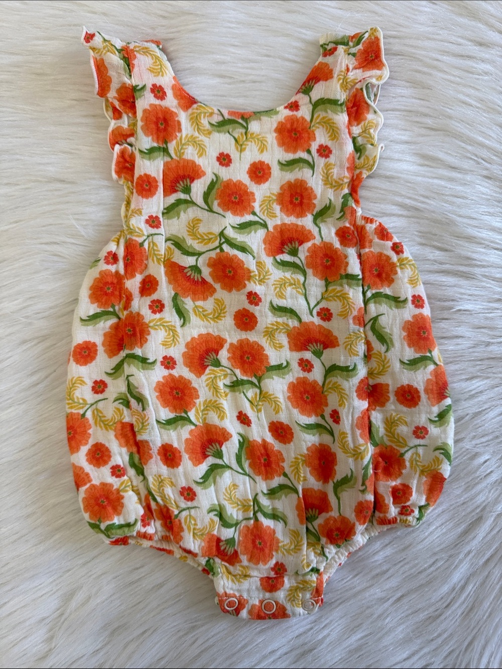 Angel Dear Muslin Orange Marigold Ruffle Sun Bubble Baby Romper Size 6-12 Month